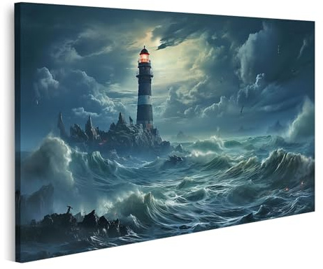 islandburner Leinwandbild Sturmflut Leuchtturm Dunkle See Wellen und Lichtstrahl - Leinwand 80x40cm