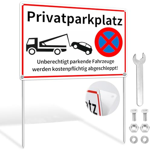 Parken Verboten Schild selbstklebende mit Pfosten/4 Bohrungen, 30 x 20 cm Aluminium-Warnschild, Privatparkplatz unberechtigte parkende Fahrzeuge werden kostenpflichtig abgeschleppt