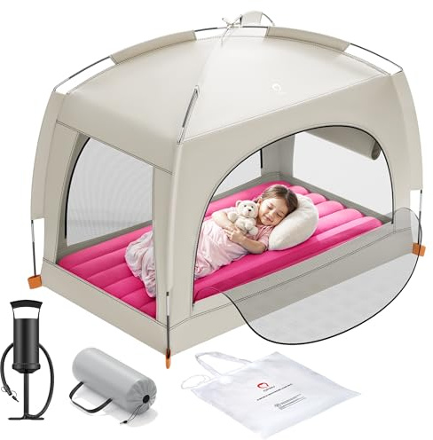 QPAU Aufblasbares Reisebett für Kleinkinder mit ab 3 Jahren– leichte aufblasbare Kinder-Luftmatratze mit Handpumpe – Indoor & Outdoor tragbare Schlaflösung für Camping, Reisen, Zuhause (Rosa)