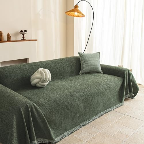 MYSKY HOME Olivgrün Sofa überzug Cover Protector Sofaüberwurf | grün Sofabezug Chenille 230x300cm für 2/3/4 Sitzer U/L Form Schonbezug überwurfdecken Sofaschutz Kratzschutz Zum Schutz