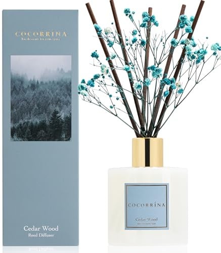COCORRÍNA Raumduft Reed Diffuser mit 8 Duftstäbchen 200ml, Cedar Wood, Natürlich, Langanhaltend, Home Duft ätherisches Öl Reed Diffusor für Badezimmer Regal Dekoration