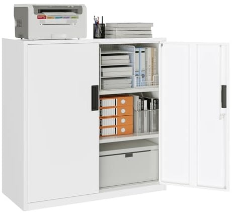 YOUDENOVA Aktenschrank, 90 x 90 x 40 Metallschrank abschließbar mit 2 Türen, Mehrzweckschrank mit 3 Ebenen, verstellbare Ablagen, Werkzeugschrank für Büros, Ateliers und Garagen, Weiß