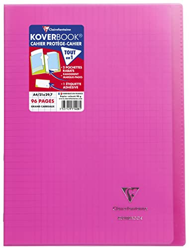 Clairefontaine 971408C Un Cahier Agrafé Koverbook Rose - A4 21x29,7 cm - 96 Pages Grands Carreaux - Papier Blanc 90 g - Couverture Polypro
