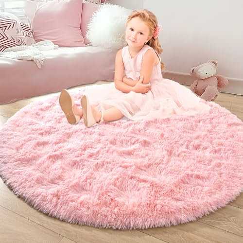 junovo Rosafarbener runder Teppich, flauschig, weich, für Kinderzimmer, Mädchenzimmer, Prinzessin, Schloss, Plüsch, zotteliger Teppich, niedlicher Kreis, Kinderzimmerteppich für Mädchen, Schlafzimmer