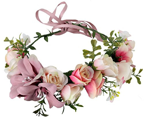 Brikuinr Floral Wreath Headband Flower Wreath Crown Hair Wreath Hair Garland Flower Halo Floral Headpiece Boho with Ribbon Party Wedding Festival Pink