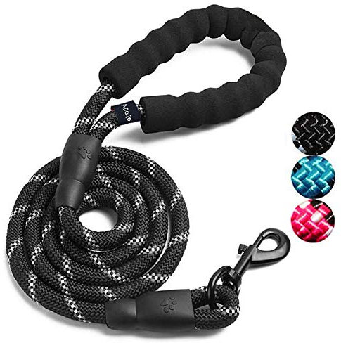 ADOGO® Rope Dog Lead with Soft Padded Handle and Reflective Threads Nylon Durable Dog Leash Safety 5FT Mountain Climbing Rope Twist Dog Lead For Small Medium Large Dogs (Black)
