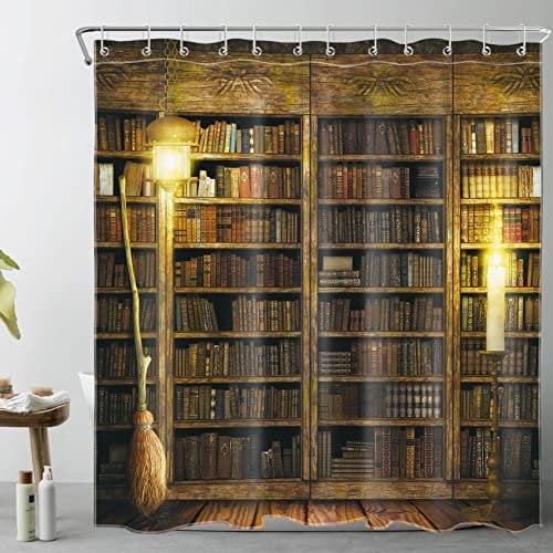 LB Hexen-Duschvorhang, magisches Bücherregal, Fliegender Besen, Duschvorhänge für Badezimmer, magische Holzhütte, Halloween, Badezimmervorhang, 183 x 183 cm, wasserdichter Stoff, Duschvorhang-Set mit