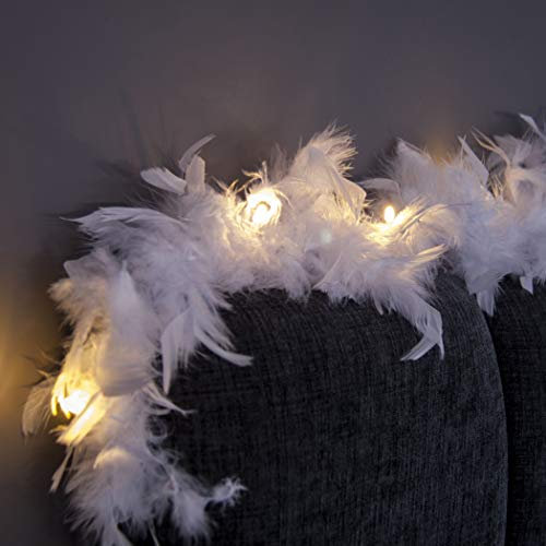 Qbis Fairy Lights With Soft Fluffy White Feathers - Battery-Powered Bedroom Accessories and Decorations - Lovely Girls' Room Feather Boa/Garland Lights
