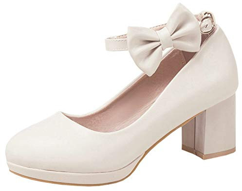 LOVOUO Escarpins Femme Talon Bloc Carré Moyen Plateforme Bride Cheville avec Noeud Boucle Chaussure Bout Rond Cute 6CM(Beige,40)