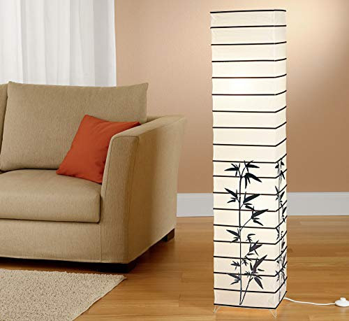 Trango Design Stehlampe 1212L *JAPAN* inkl. 2x 5 Watt LED Leuchtmittel warmweiß Reispapierlampe *HANDMADE* mit Deko-Stäben & Bambus- Motiv in Eckig I Höhe: ca. 125cm I Wohnraumlampe I Stehleuchte