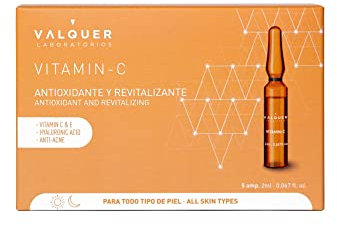 Ampoules pour le visage à la vitamine C de Valquer Laboratorios. Sérum pour le visage. Antioxydant et revitalisant. Tous types de peau. Avec de l'acide hyaluronique. Antiacné - 5 Pcs X 2 Ml