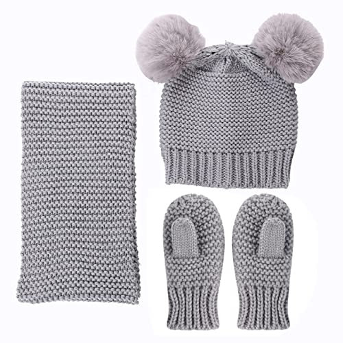 WmHeoo2077 Strick-Mütze gefüttert mit Fell-Bommel,Unisex-Adult Hat Mütze,Kindermütze, Schal, Handschuhe, 3er-Set, einfarbig warme Mütze,grau,Einheitsgröße