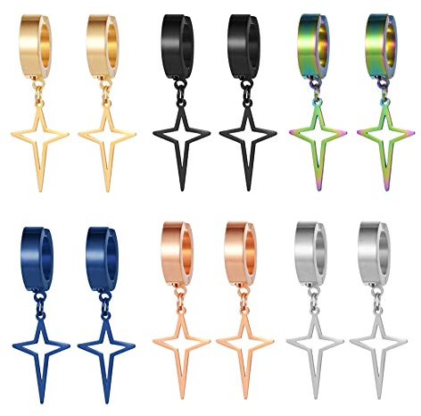 Flongo Herren Kreuz Ohrstecker Creolen Damen Ohrringe Ohrhänger in Silber Schwarz Rose Gold Bunt Stecker mit hängenden Stern Anhänger für Männer, Frauen 6 Paar Set