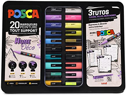 POSCA - Uni Mitsubishi Pencil – Koffer Home Deco – 20 Posca Marker – extra feine Spitzen PC1MC / dünne PC3M / mittlere PC5M – Farbmarker auf Wasserbasis – alle Halterungen