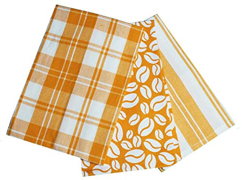 Prime Housewares Set of 3 Beautiful Design Tea Towels 45cm x 65cm Tea Towel Sets 100% Cotton (Orange Bean)