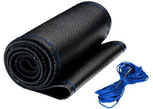 AUTOXBERT Echtes Leder Lenkradbezug, DIY Lenkradbezug zum Aufnähen, Universal 37-39 cm Auto Lenkrad Schutzhülle mit Nadel und Faden, Lenkradschutz rutschfest（BLAU）