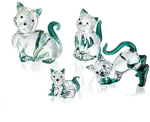HDCRYSTALGIFTS Katzenfiguren aus geblasenem Glas, Sammlerstücke, 4 Stück, Smaragdgrün, Kristall, Kätzchen, Tierstatue, Kätzchen, Skulptur für Heimdekoration, Geschenk