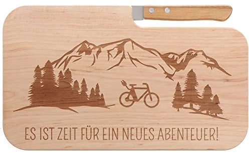 Spruchreif | Brotzeitbrett mit Messer Es ist Zeit für ein neues... – Graviertes Holzbrett mit E-Bike-Motiv | Lustiges Geschenk für E-Bike-Fahrer & Radfans
