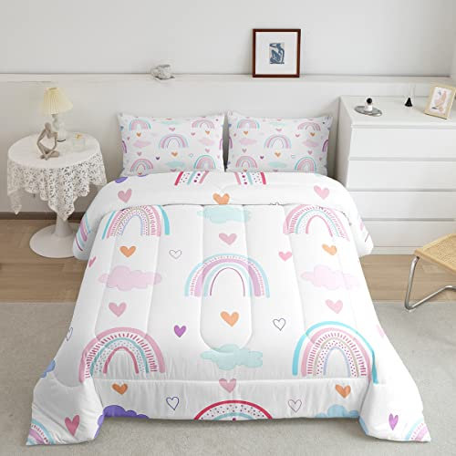 Rainbow Comforter Set For Kids, Pink Love Heart Duvet Insert Queen Size, Kawaii Clouds Quilted Duvet For Girls Boys Children Bedroom Decor, Hand Drawn Iridescent Stripes Quilt, White Pink Blue
