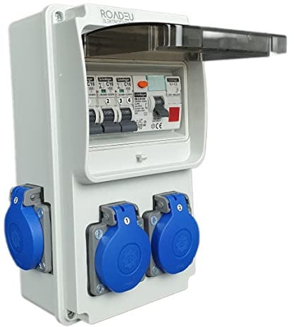 RoadEu Stromverteiler 230V, 4x Schuko Steckdose, Leuchtmelder Signalleuchte LED Rot, Steckdosenverteiler mit Fi Schutzschalter 40 typ A/AC, LS C16A. Baustromverteiler IP44.