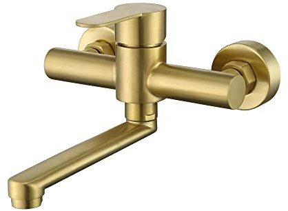 HomeLava Wand Wasserhahn 304 Edelstahl Küchenarmatur Wandarmatur Wandmontage Spültischarmatur Armatur Einhebelmischer für Küche Waschbecken Gebürstetes Gold mit 360° Drehbar Auslauf kurz 18cm