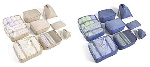 BillyBath Koffer Organizer set (8 teilig, Beige) & Organizer set, Packing Cubes Kleidertaschen Schuhbeutel Reiseorganizer Packwürfel Kosmetik Travel Organizer Packtaschen für Koffer (8 teilig, Navy)