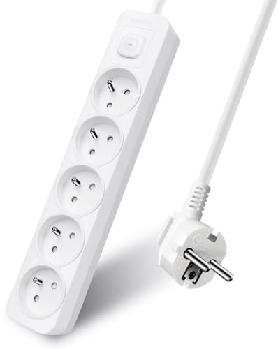 EXTRASTAR Multiprise 5 Prises 16A avec Interrupteur,Bloc 5 Prises,Rallonge 3m 250 V avec sécurité Enfant,Blanc