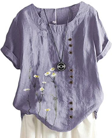 ORANDESIGNE Camicia in Cotone e Lino Donna Maniche Corte Girocollo Taglie Forti Maglietta Ampia Elegante Estiva Stampa Floreale Moda Casual Camicie Bluse Tunica Top Tee T-Shirt A Viola 3XL