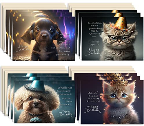 Geburtstagskarte Glückwunschkarten Set mit 12 Geburtstagskarten Klappkarten mit Umschlägen Süßen Hunden und Katzen mit lustigern Sprüchen Happy Birthday