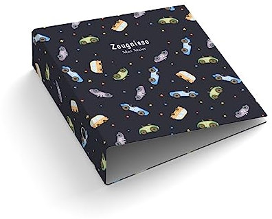 Ringordner | Ordner für Kinder | personalisiert mit Wunschtext | Autos | Sterne | Mit Griffloch | für DIN A4 | 7,4 cm breit | Weltall | Zeugnisse | Bus | Kinderordner