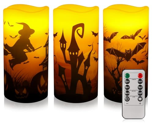 Halloween Kerzen, 3 Stück Flammenlose LED Kerzen Halloween Deko Stumpenkerzen Fernbedienung Timer Batteriebetriebene Echtwachs Kerzen mit Fledermaus Hexe Kürbis Deko Muster für Halloween Dekoration