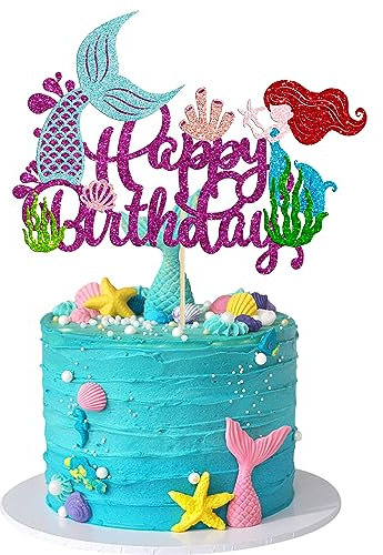 Gyufise 1Pcs Mermaid Happy Birthday Cake Topper Glitter Mermaid Cake Pick Seashells Coral Mermaid Tail Cake Decoration for Under The Sea Baby Shower Birthday Party Supplies Purple
