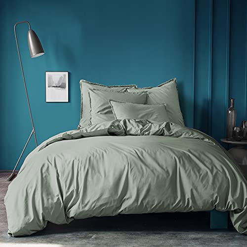 MATT & ROSE Parure de lit 240x260 cm Unie Coton LAVÉ | 100% Coton Lavé | Oeko-TEX | Housse de Couette 240x260 cm + 2 Taies d'oreiller à Franges 65x65 cm | Lichen