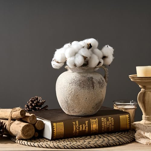PORCER Antike Terrakotta-Vase mit Griff, 14 cm, Bauernhaus-Keramikvase, Boho-Dekor, dekorative Vase, rustikale Vase für Heimdekoration, Wohnzimmer, Tisch, Hochzeit, Used-Look, Grau