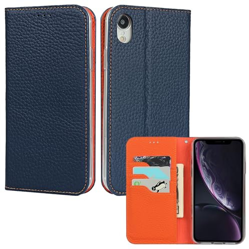 ELTEKER Hülle iPhone XR Handyhülle [Echtes Leder] Klapphülle mit Kartenfach,Schutzhülle Leder Hülle für iPhone XR-Blau