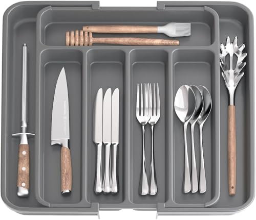 Aujen Besteckkasten für Schubladen -Abnehmbar Besteckeinsatz für Schubladen, Erweiterbar Praktischer Schubladeneinsatz, Effiziente und Vielseitiger Küchen Organizer, Grau, Mittel