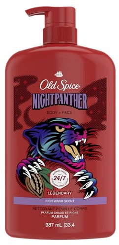 Old Spice Cleansing Body Wash for Men, 3X Defense, 24/7 Shower Fresh with Lasting Scent, 2 in 1 Body and Face Wash, Daily Men’s Wash and Shower Gel, NightPanther Rich Warm Masculine Scent, 33.4 oz