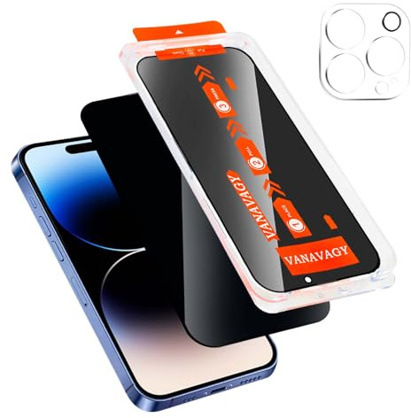 VANAVAGY 1 Pack Privacy Glass Screen Protector für iPhone 14 Pro max, [1 Pack Camera Leans Protector] [Easy Installation] Plating Film mit Rahmen Full Coverage Case für Apple 22