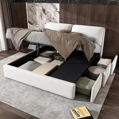 MQLAE Boxspringbett Polsterbett 180x200, Hydraulisches Bett mit Bettkasten und 3 Schubladen, Bettgestell mit Lattenrost aus Holz, Verstellbares Kopfteil, Stauraumbett, Kopfteil Bett, Samtstoff, Weiß
