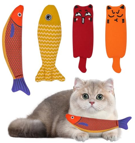 DYMHQ 4 Stück Plüsch Katzenspielzeug Set, Multifunktional Interaktives Plüsch Catnip Toys, Dauerhaft Simulation Fisch Katze Spielzeug, Katzenminzen Spielzeug für Katzen zum Spielen Kauen
