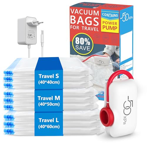 Sac sous vide vetement aspirateur avec pompe électrique, aspiration 50 Kpa, 9 sacs de voyage en 3 tailles (40 x 40 cm, 40 x 50 cm, 40 x 60 cm), gain de place pour vêtements et articles de voyage