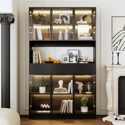 Glasvitrine mit Led Beleuchtung, Vitrineschrank mit 3 Schubladen , Vitrine, Glasvitrine in Schwarz, Sammlervitrine, Multifunktions-Glasschrank Stehend mit 4-stufigen Einlegeböden,Wohnzimmerschrank 3