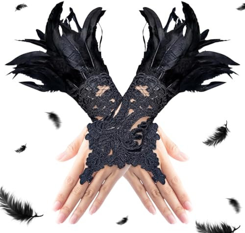 Taufe Damen Schwarz Feder Handschuhe,Damen Schwarz Feder Spitze Fingerlose Lange Handschuhe,Dame-n Vintage Spitzenhandschuhe,Dekorative Federärmel,für Hochzeit Halloween Karneval Kostüm Zubehör