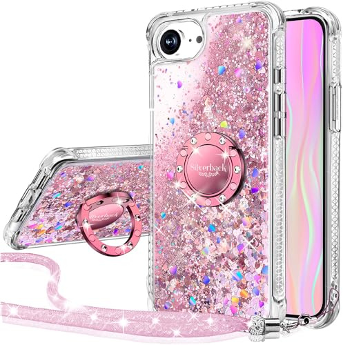 Silverback for iPhone 16E/17E/SE4 Case, Glitter Case with Stand & Lanyard. | Liquid Holographic Sparkly Glitter Case, Women Girls Bling Diamond Ring Shockproof Protective Cover- Pink