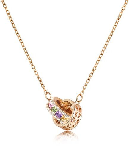 Linawe Rhinestone Pendant Necklace for Women, Hypoallergenic Stainless Steel Chain Double Circle Necklace, Interlocking Rose Gold Necklaces Moissanite Imitation Diamond Crystal Jewellery