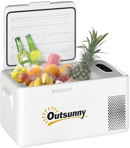 Outsunny 16,8 Liter Kompressor Kühlbox elektrisch Mini Kühlschrank bis -20℃ Kühlbox mit LED ECO-Modus Anschluss Kühlfunktion leise Gefrierbox Thermobox 12/230 Volt für Auto Lkw, Boot Reisen Cremeweiß