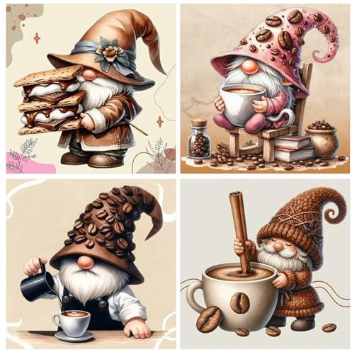 GLIDIAM 4er Set Diamond Painting Wichtel Kaffee, Diamant Malerei Bilder Gnome Zwerge, 30x30cm DIY Full Drill Basteln Erwachsene, Stickerei Kreuzstich Mosaik Geschenk für Wanddeko Wohnzimmer