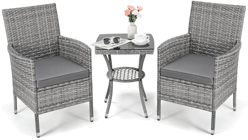 Balkonmöbel Set 3tlg Rattan Gartenmöbel Set Polyrattan Lounge Set Balkon Lounge Set Gartenlounge Set für 2 Satz Stuhl Polyrattan Gartenmöbel Set mit Kissen und Glastisch für Garten Terrasse Grau