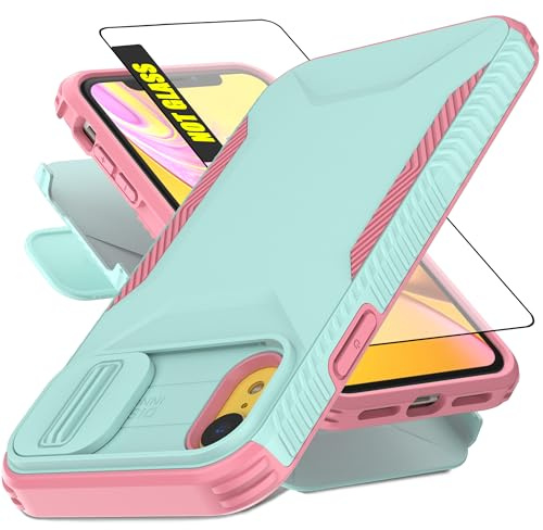 AWZHYDT for iPhone XR Case,with 1 HD Screen Protector & Slide Camera Cover [Military-Grade] Phone Case Heavy Duty Rugged Shockproof Protective Cover for iPhone XR 6.1-Cyan/Pink
