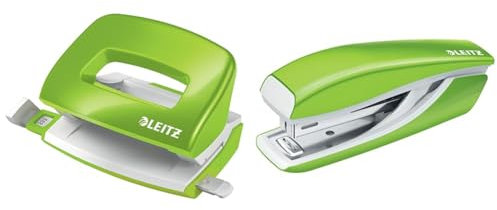 Leitz Mini-Locher + Mini-Heftgerät, für 10 Blatt, Anschlagschiene mit Formatangaben, Tacker mit 1000 Heftklammern, Ergonomisches Design, Grün, WOW-Serie, 50601054 + 55281054